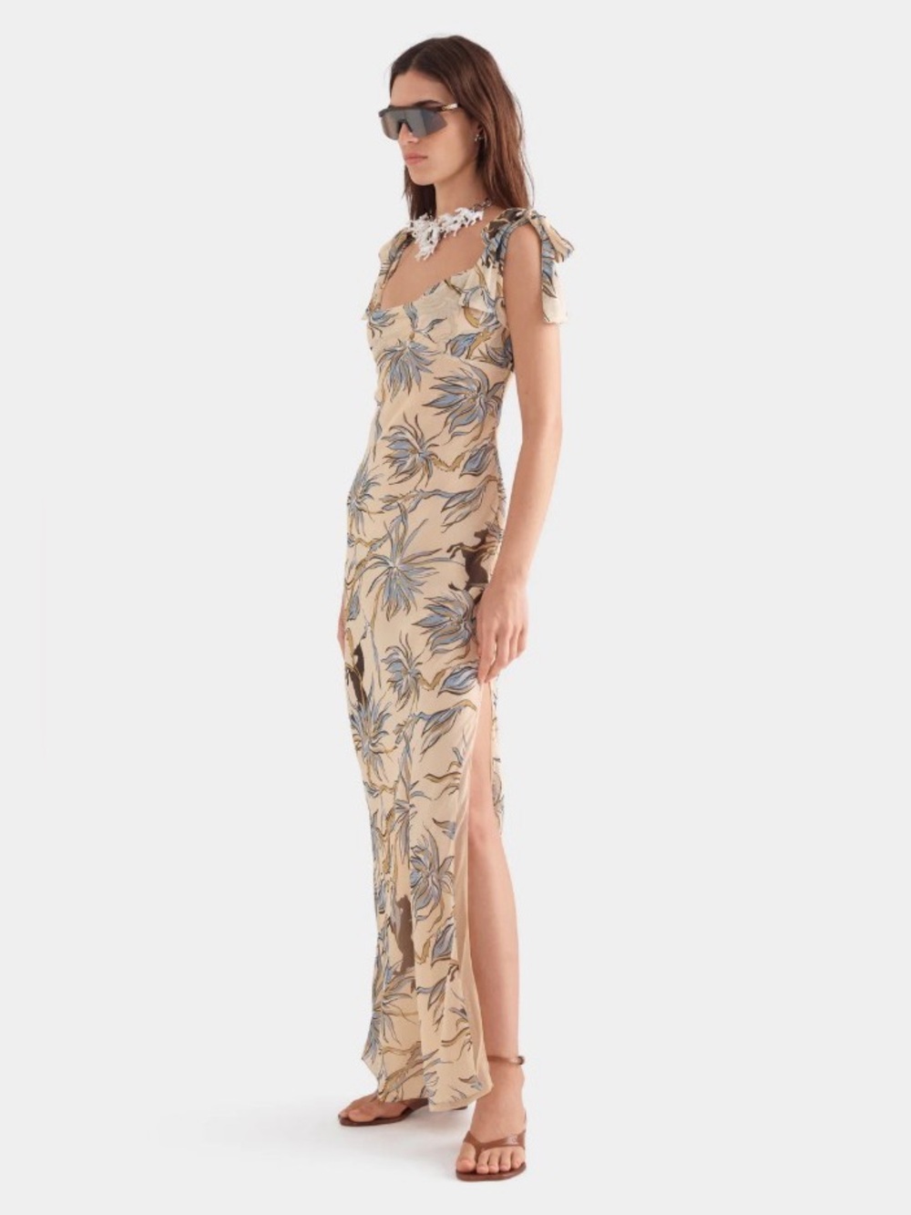 Venroy 100% Silk Floral Horse Print Tie Shoulder Bias-Cut Maxi Dress NWOT - Picture 4 of 8